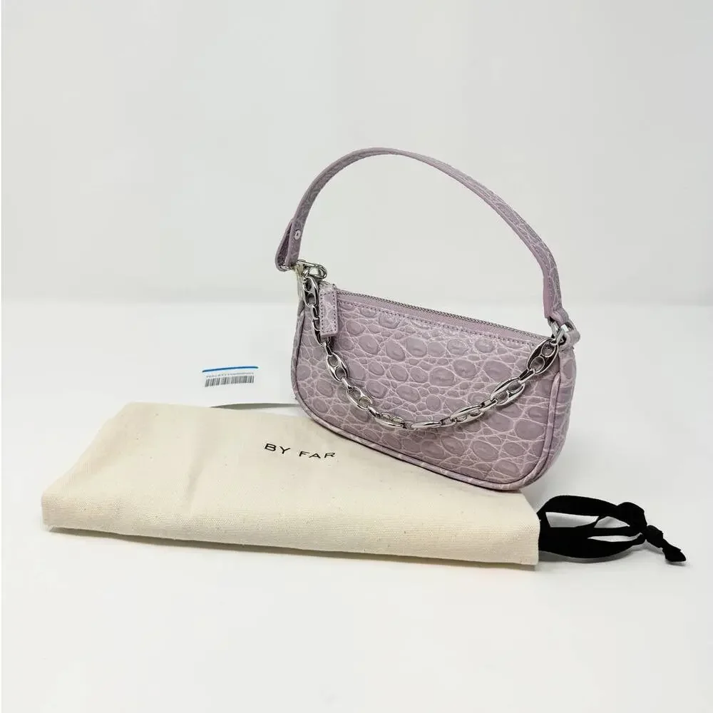NWT By Far Rachel Mini Lilac Circular Crocodile Croc Embossed Leather Small Bag